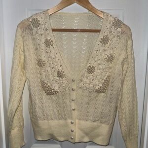 Eyelet Long Sleeve Cardigan Pearl Embellished Womens M Cream Elegant Feminine
